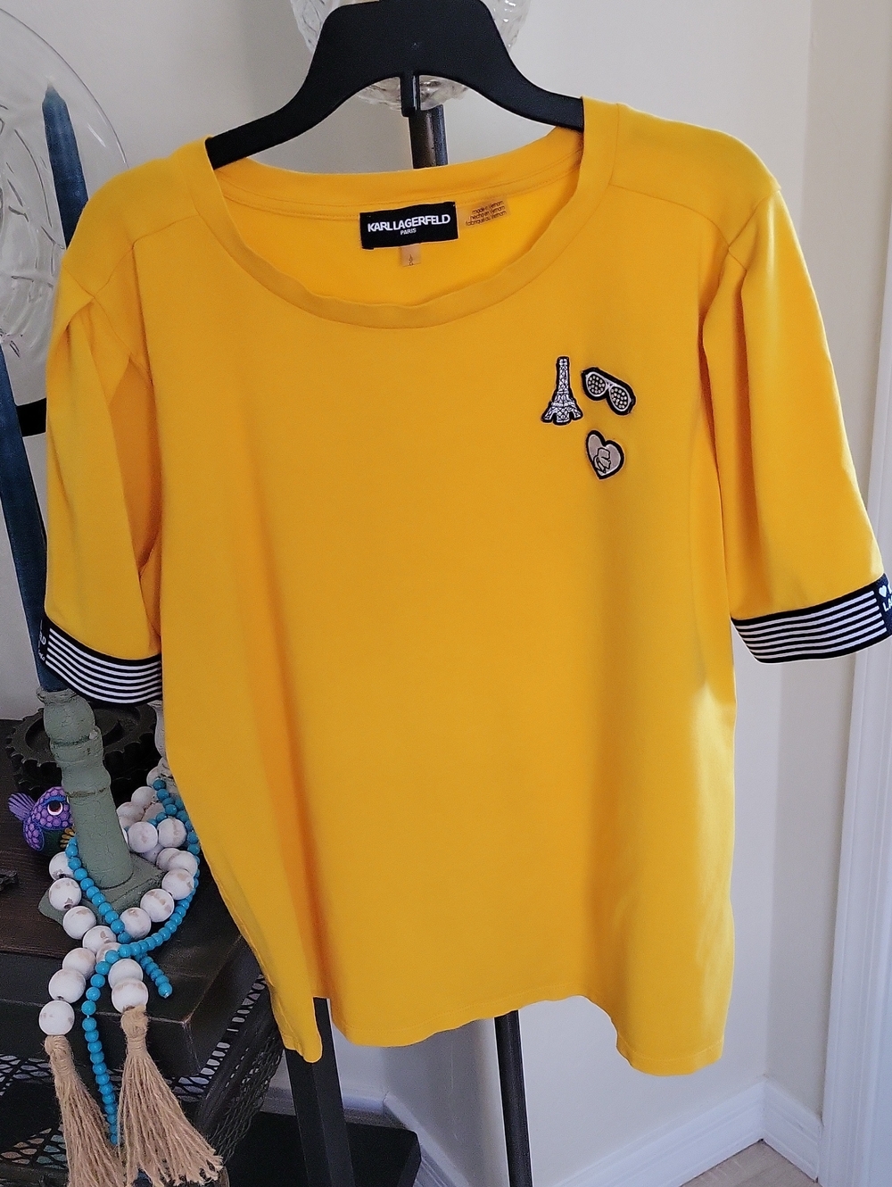 Karl Lagerfeld Bright Yellow Short Sleeve Top with Paris Patch Details